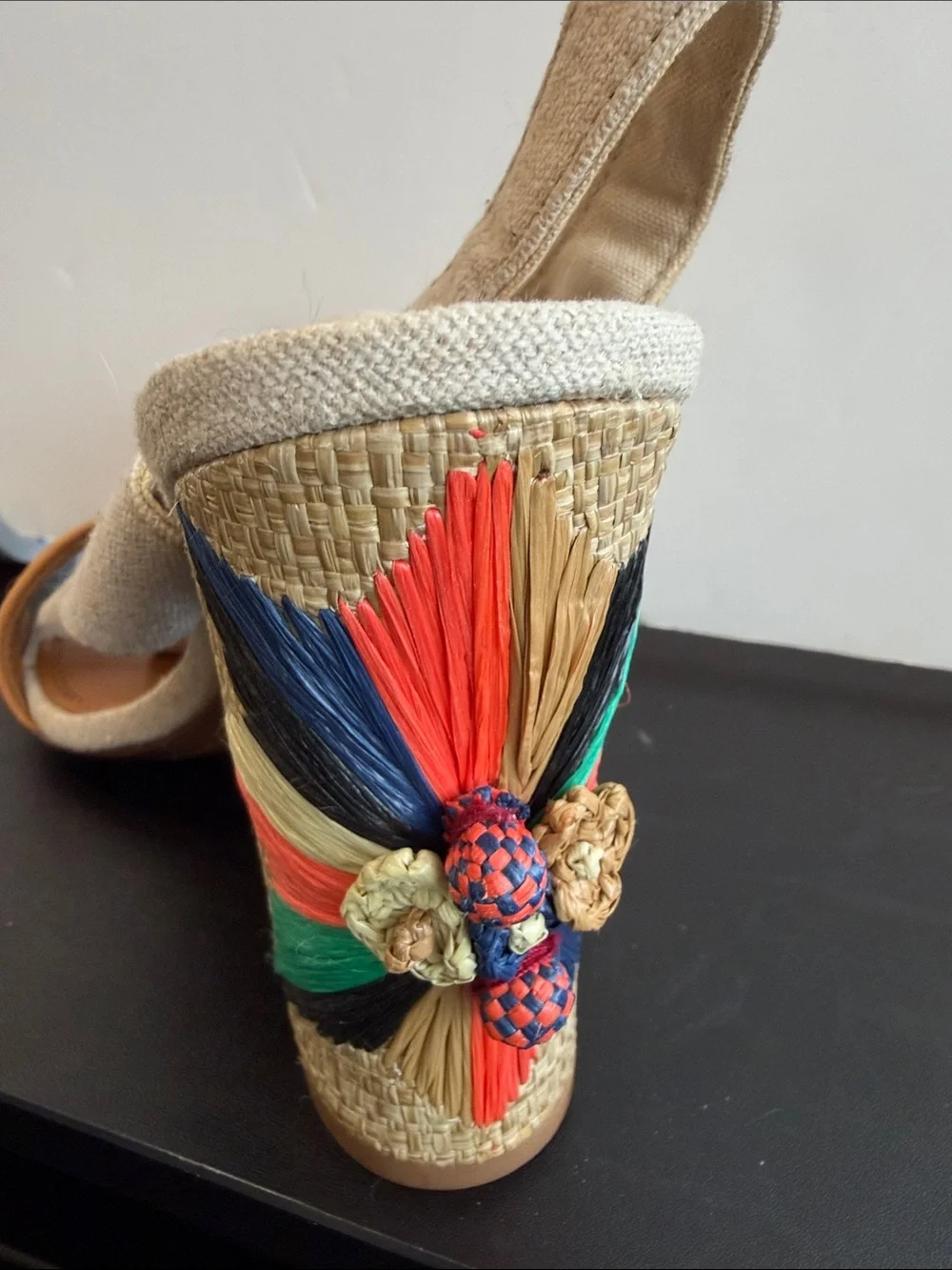 Tory Burch Neutral Raffia Wedge Sandals with Multicolor Tassel Detail